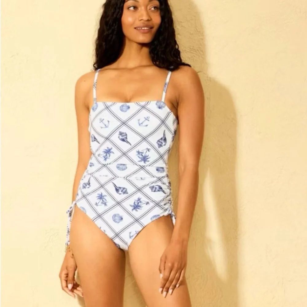 NWT Shade & Shore White One-Piece Swimsuit Navy Print Shell Print Anchor Charm